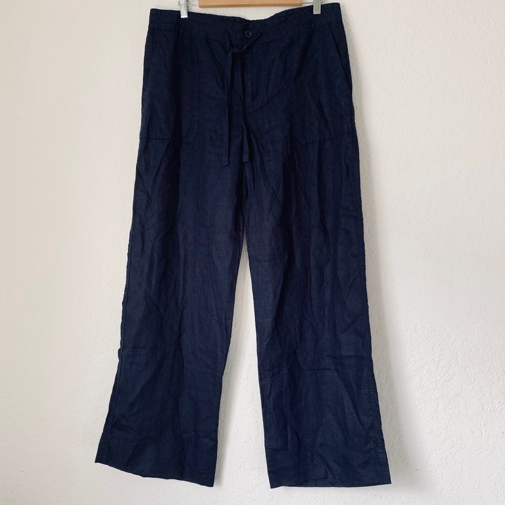 Lauren Ralph Lauren Linen Pants Women 10 Navy Blue Wide Leg Coastal Resort Chic